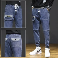 mens jeans hip hop casual elastic waist denim pants solid straight baggy streetwear full length pants oversize m 5xl trousers