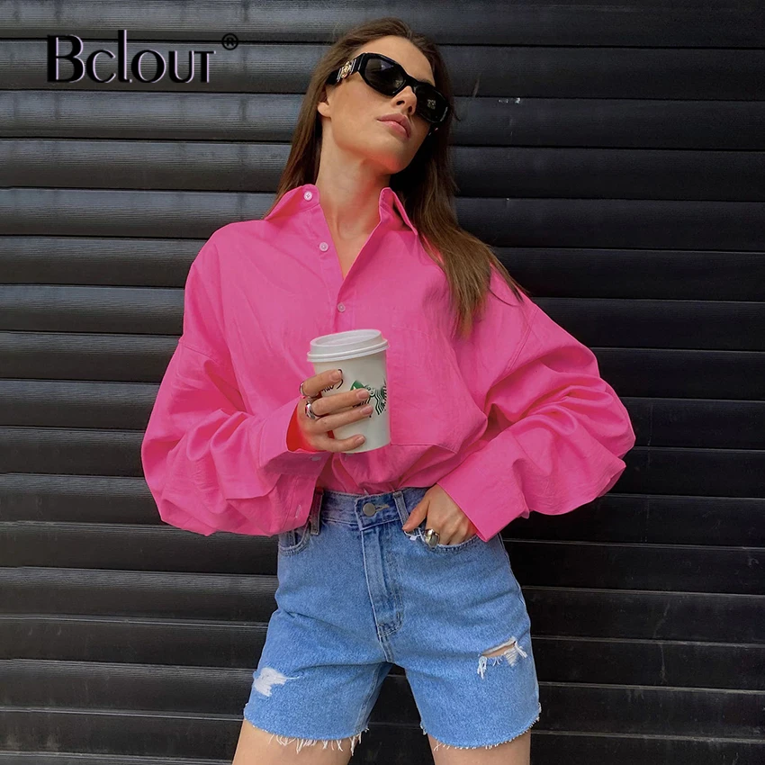 

Bclout Streetwear Pink Oversize Blouse Woman Office Autumn Button Up Loose Shirts Female Turn Down Collar Tunic Pocket Top 2021