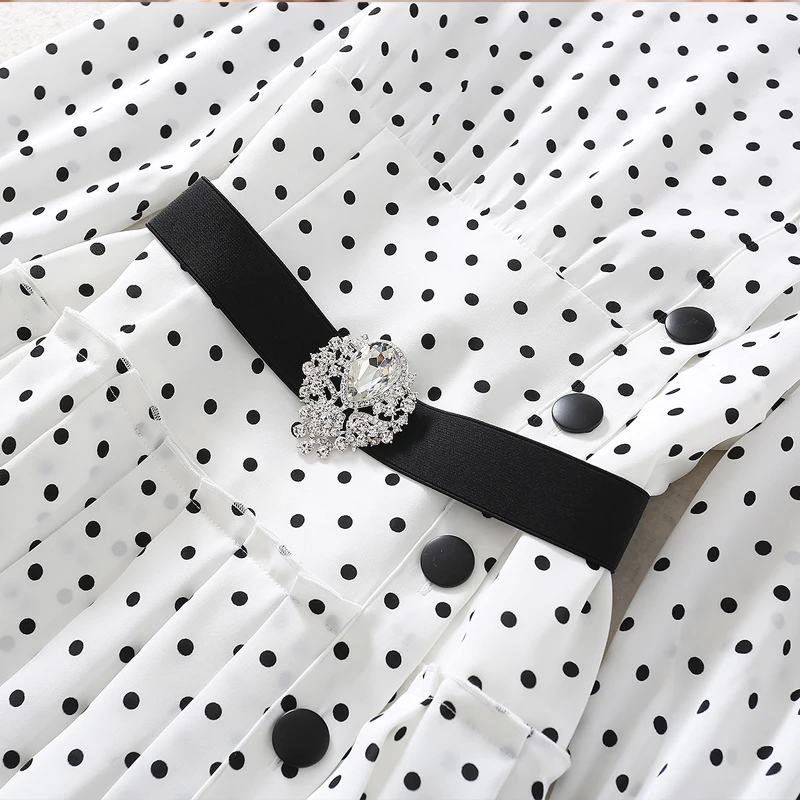 

Designer Spring New Women'S Fashion Party Dot Print Button Stand Collar Elegant Chic Diamond Belt Long Sleeve Fashion Midi Dress