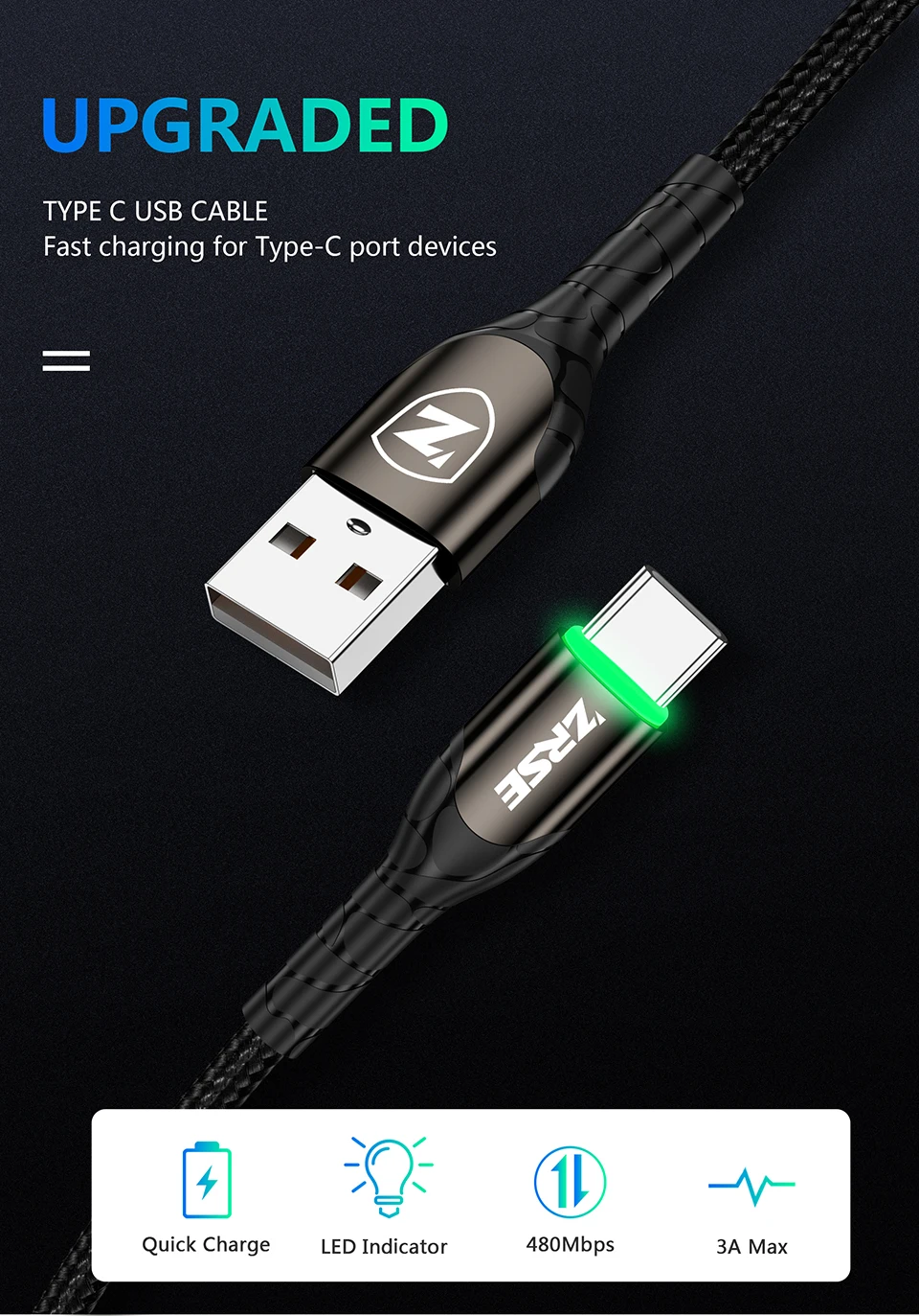 ZRSE светодиодный кабель usb type C 3M 2 м USB-C кабель передачи данных для быстрой зарядки телефона зарядное устройство Шнур для Xiaomi Redmi Note 8 7 huawei P30 Pro P20
