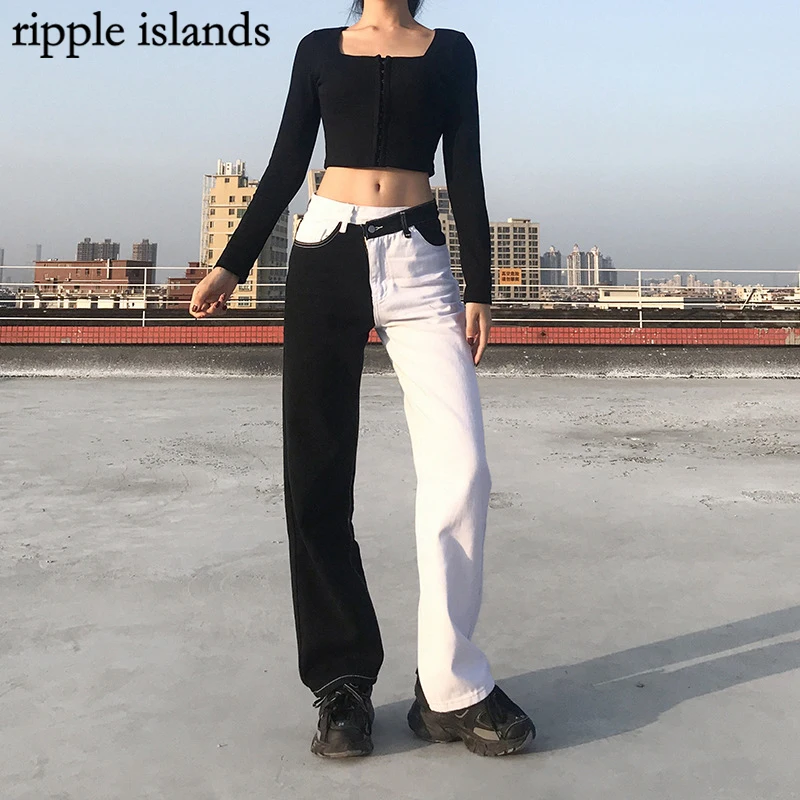 

Ripple Islands-Baggy Jeans Y2K Jeans Woman Streetwear Irregular Stitching Black And White Pants High Waist Straight Jeans