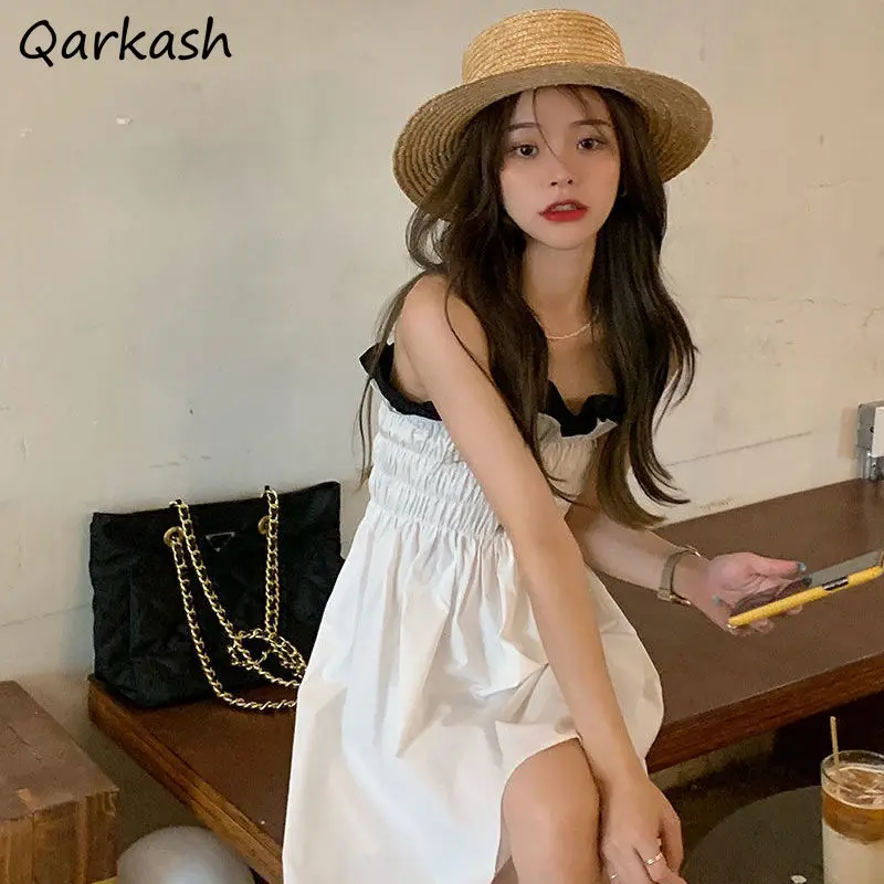 

Dress Women Strapless Summer Design Mini Korean Style Cute Folds Fashion Popular Vestidos Ladies Preppy Tender Patchwork Ins New
