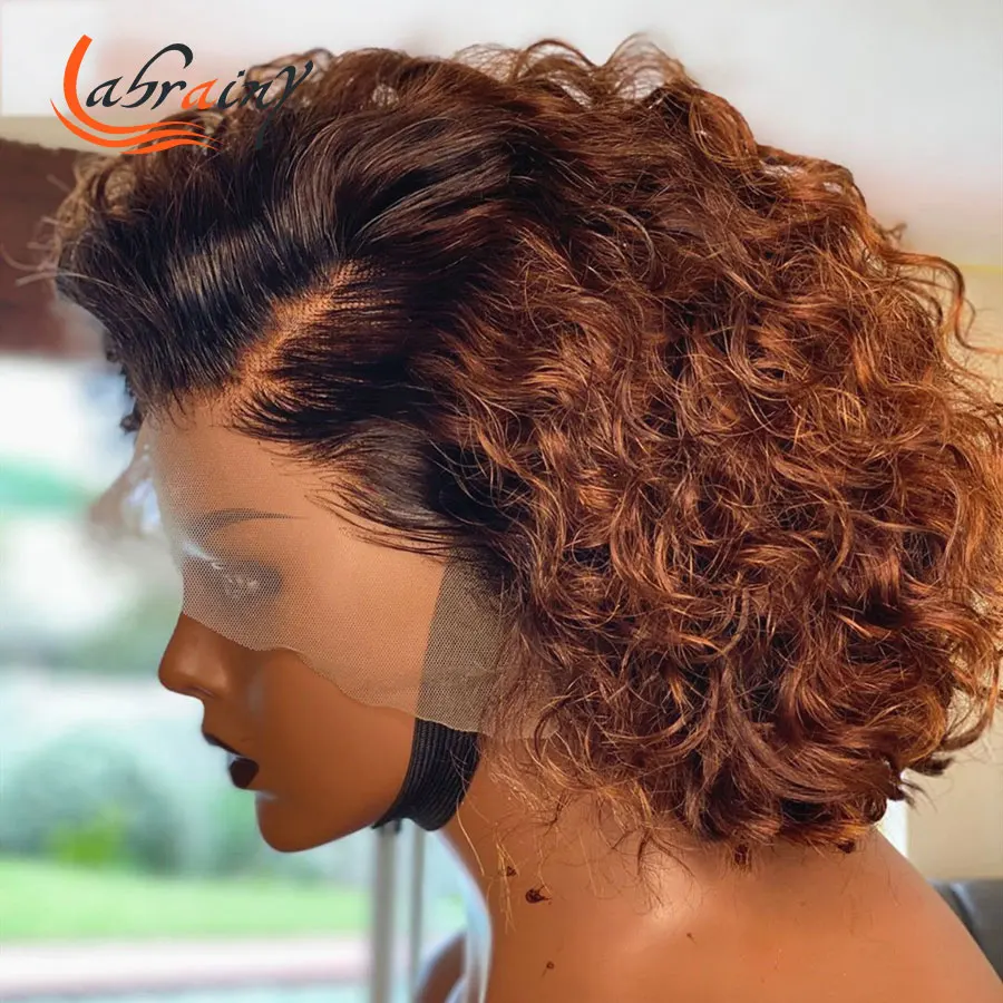 

4x4 Kinky Curly Ombre Honey Blonde Pixie Short Cut Bob Swiss Transparent Lace Frontal Human Hair Wigs Pre Plucked Bleached Knots