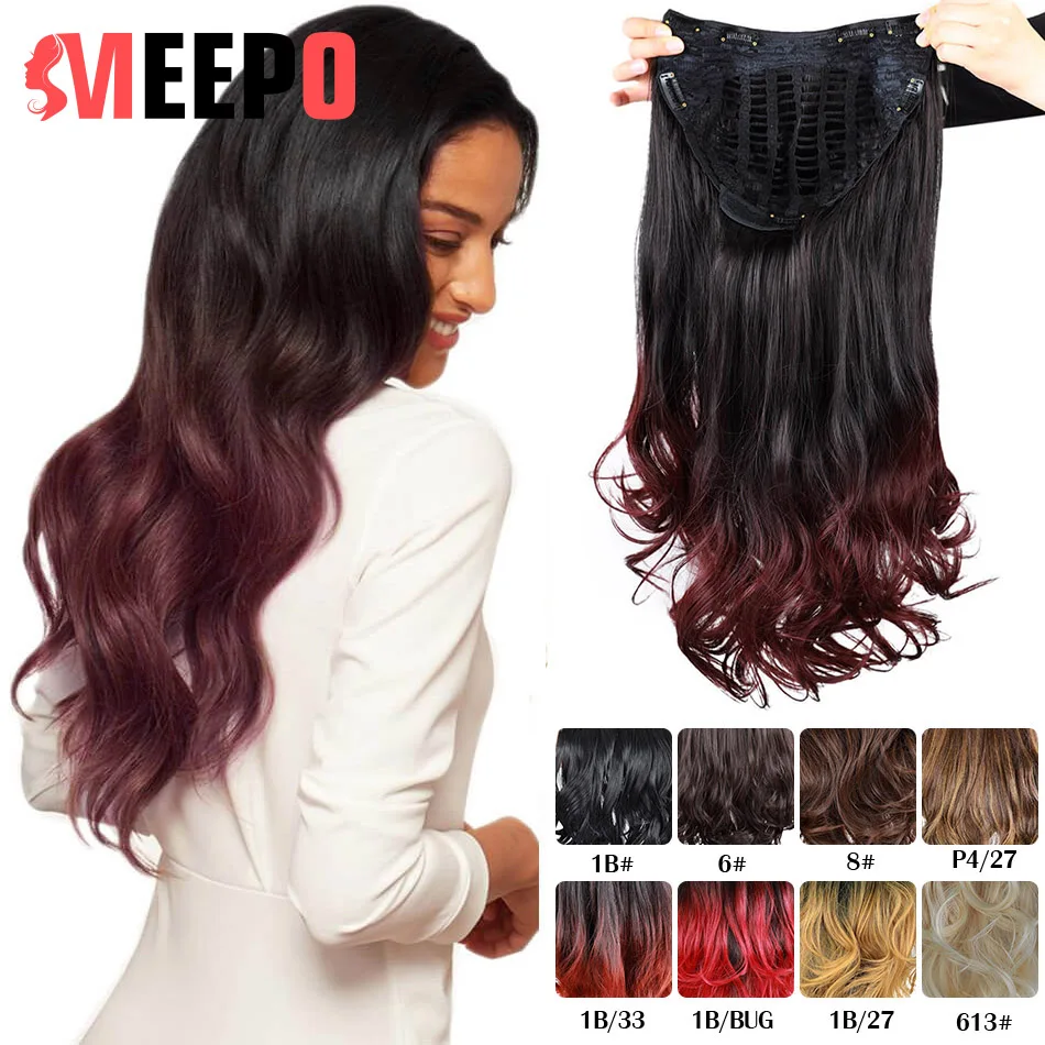 Meepo 24Inches Long Wavy Synthetic Half Wigs 3/4 Ladies Clip in Hair Extensions Natural Black Wigs with Combs on a Mesh Head Cap