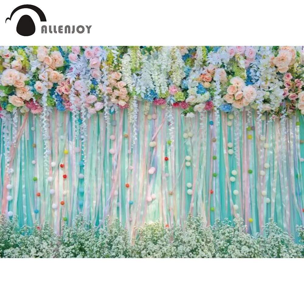 

Allenjoy Wedding Ceremony Backdrop Colorful Ribbons Flowers Birthday Party Decoration Background Photography Prop Photocall Boda