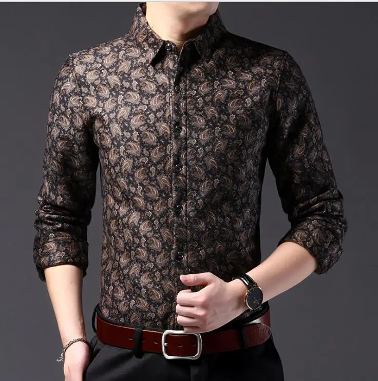 Мужская бархатная теплая зимняя рубашка с длинным рукавом и цветочным