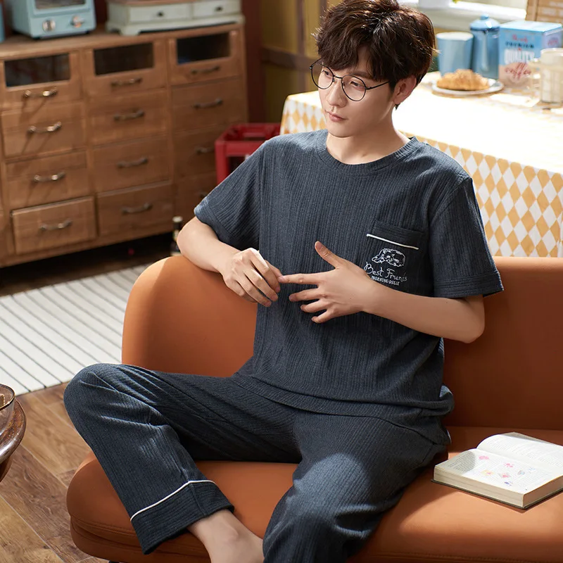

Summer Men Pajamas Set Cotton Dark Grey Sleepwear Loose Plus Size Homewear Casual Two Piece Set Beam Foot Teenager Loose Pajamas