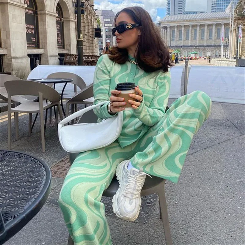 

Trousers Suit Women 2021 Autumn Winter Corrugated Single-breasted Long Sleeve Suit Fashion Cardigan Knitted Straight Pants