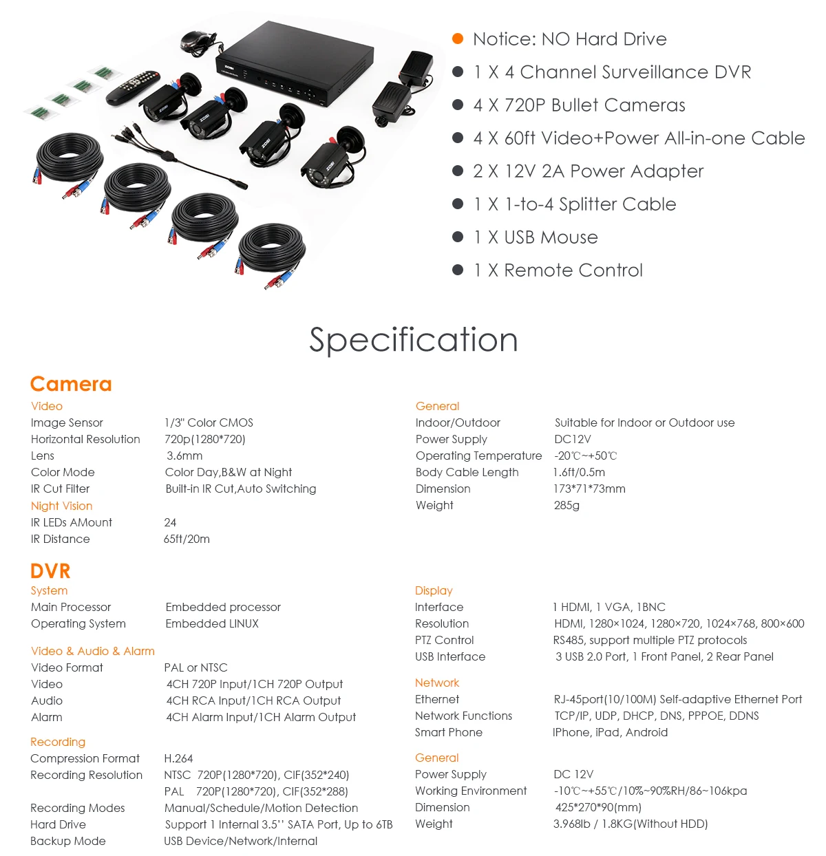 ZOSI 4CH HD AHD DVR 4 шт. 720P 1280TVL AHD Наружные камеры безопасности домашняя система безопасности комплекты видеонаблюдения