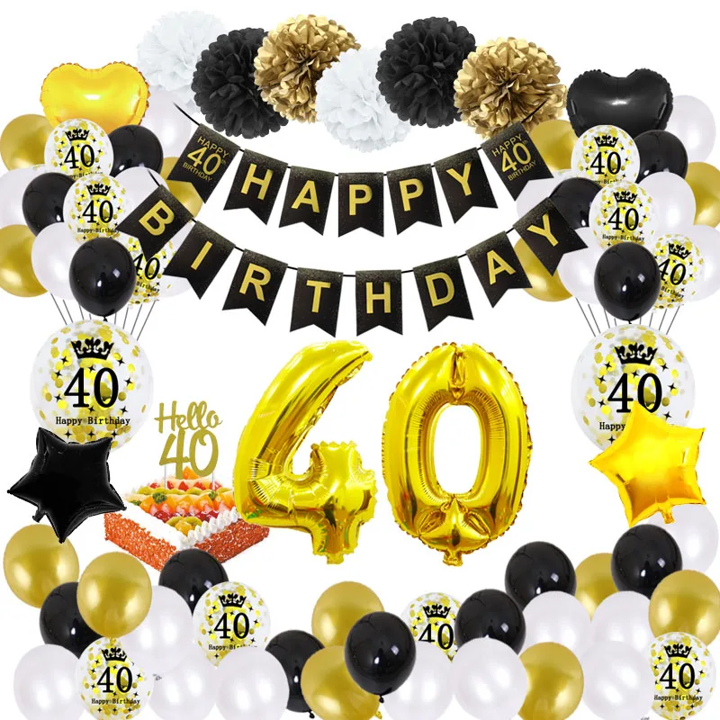 

51pcs/Set 40 Birthday Decorations Black And Gold Balloons 40 Years Old Happy Birthday Banner Paper Pom Poms Adults Party Decor