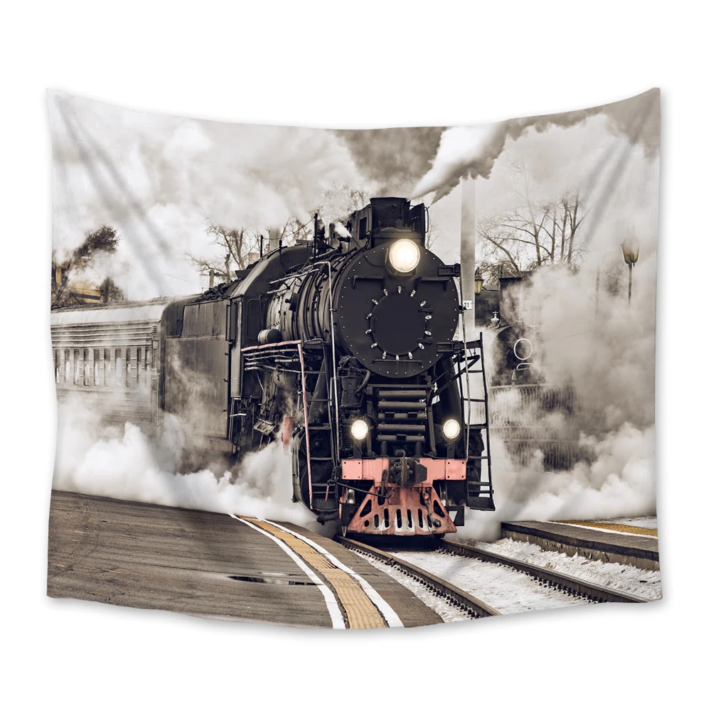 

Retro Train Tracks Steam Tapestry Wall Hanging Polyester Home Bedroom Bedspread Beach Mat Blanket Yoga Mat Dorm Decor