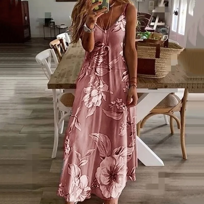 

2021 New Women'S Long Dress V-Neck Suspender Sleeveless Printing Sexy Multicolor Dress For Famale Summer Outdoor Beach Clothing