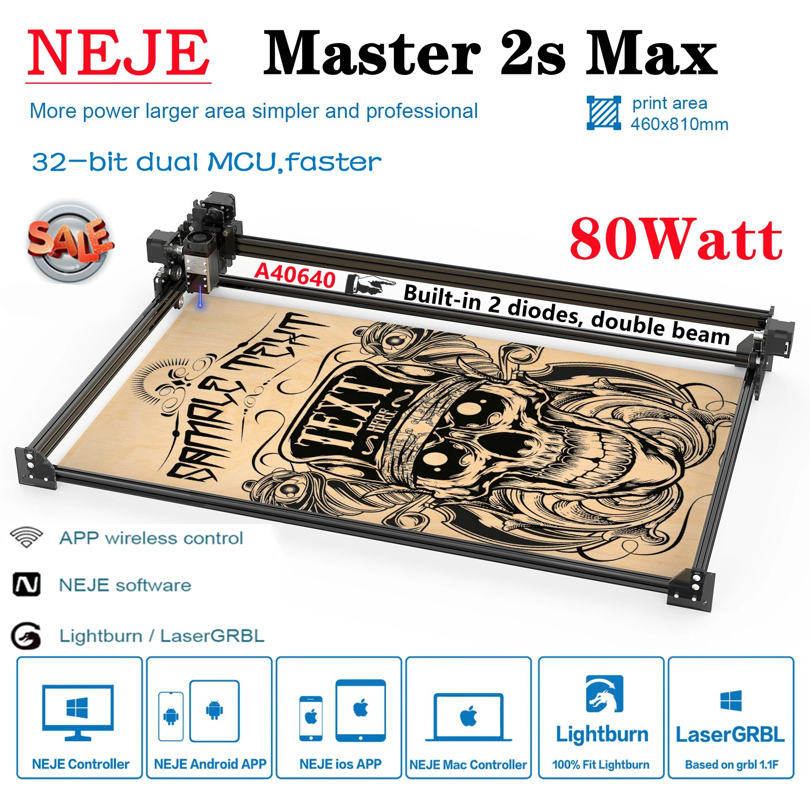 

NEJE Master 2s Max A40640 80W 2 Diodes CNC Router Laser Wood Engraver Cutting Cutter Printer Mark Metal Tool Lightburn Bluetooth