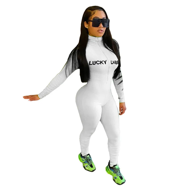 2021 Spring Women Lucky Label Jumpsuit Sexy Slim-fit Zipper Solid Color Letter Embroidery Rompers  Bodysuit Women