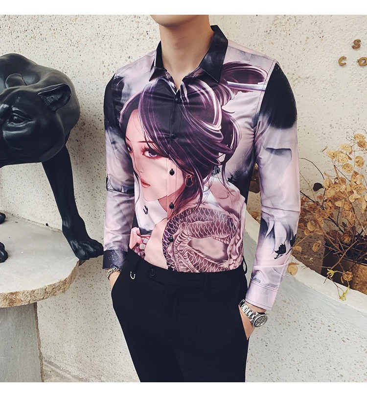 Высокое качество, Camisa Masculina, мода, мужская рубашка с длинным рукавом, красивая девушка, с принтом, тонкая рубашка, мужская рубашка для ночного клуба, смокинг, платье