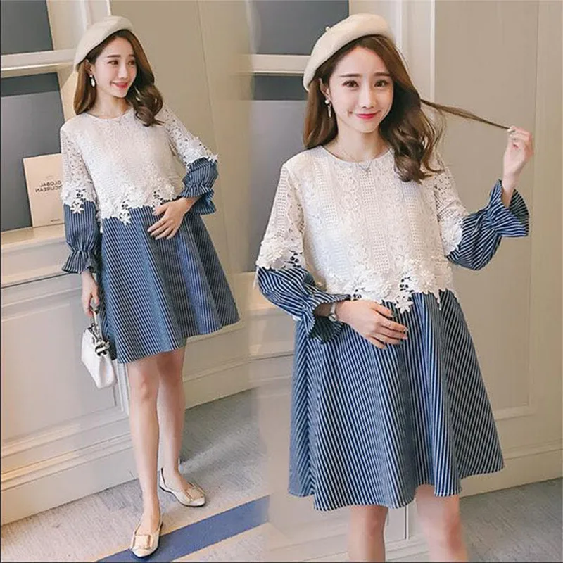 

New Fashion Temperament Dress Mid-Length Pregnant Women Lace Stitching Clothes for Pregnant Women