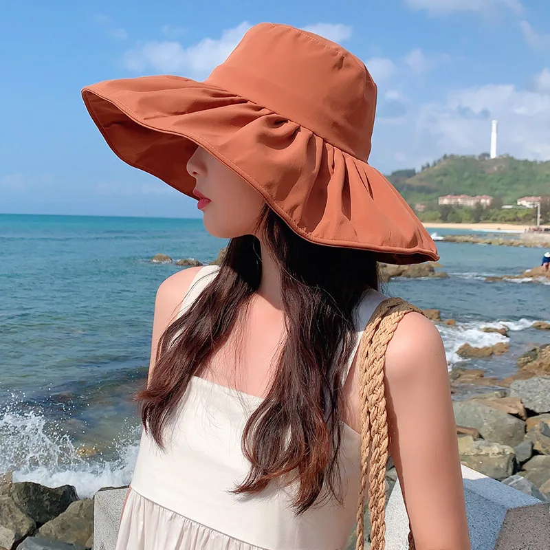 

COKK Summer Hats For Women Fisherman Cap Solid Color Foldable Beach Travel Sun Hat Sunshade Gorro Wide Brim Ladies Cloth Sunhat