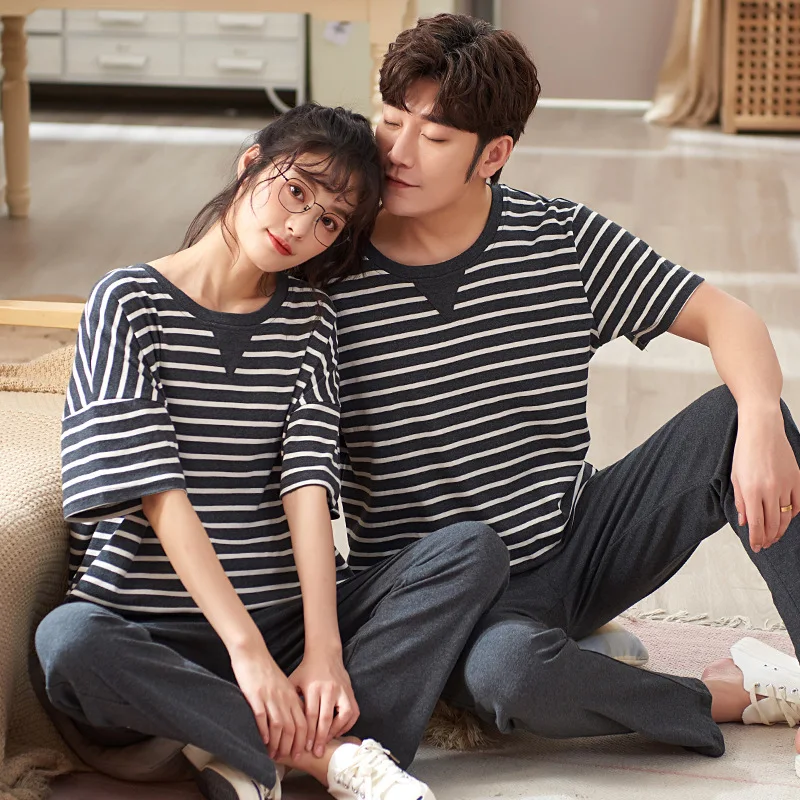 

Couple Pajamas Set Summer Deep Gray Stripe Print Nightwear Cool Short Sleeve Long Pants Cotton Homewear Fashion Couple Sleepwear
