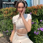 Женская укороченная футболка HEYounGIRL, в китайском стиле, винтажная, повседневная, белая, с коротким рукавом, на шнуровке, Корейская уличная одежда, 2021