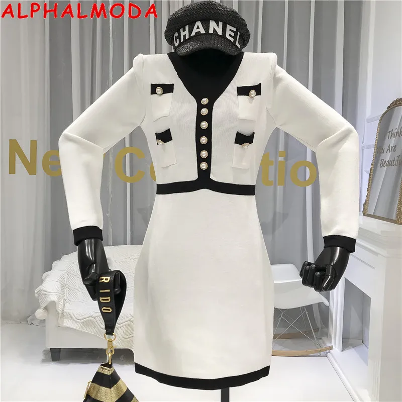 ALPHALMODA новинка 2019 зимнее вязаное платье с жемчужными пуговицами и v образным