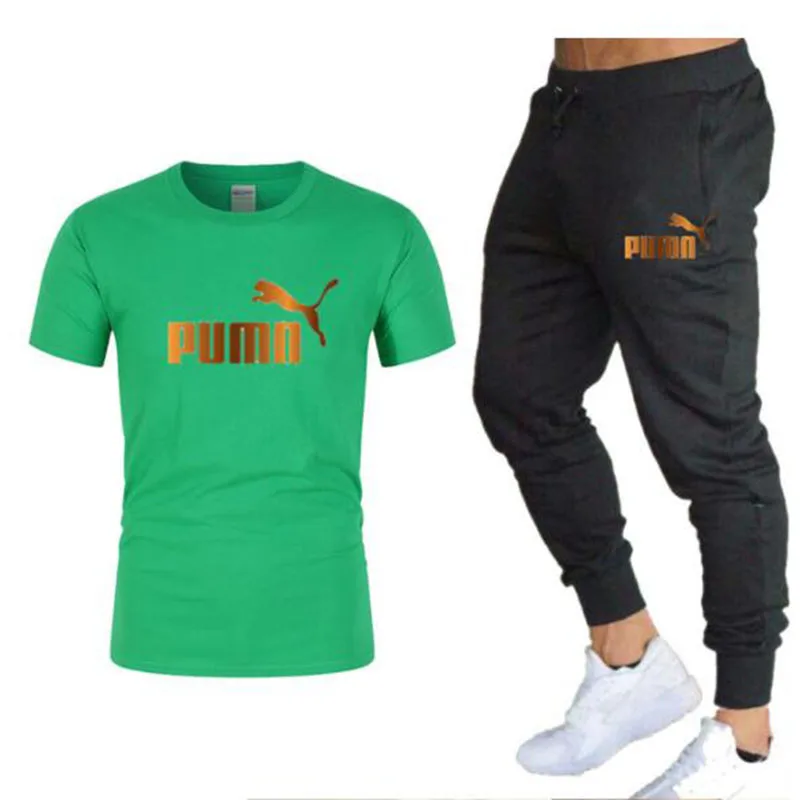 

2021puma new gold logo print crew neck short sleeve suit + sports pants leisure sports fitness trend fashion