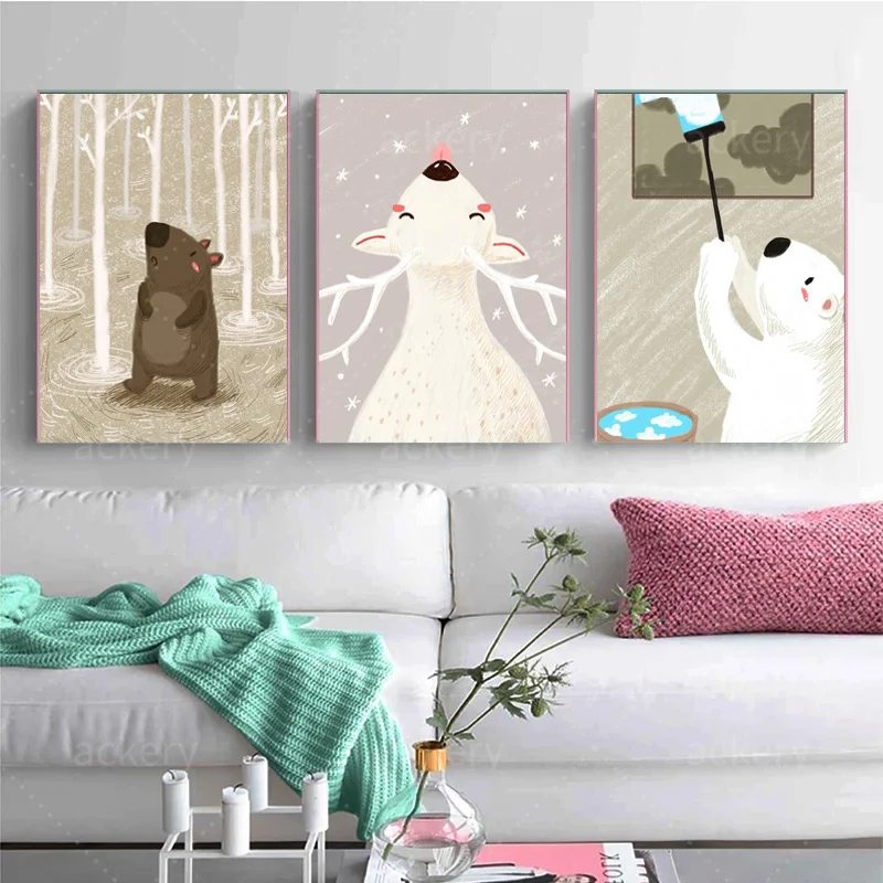 

Мультяшные животные, медведь, олень, мышь, холст, животные, узор, плакат, печать, Настенный декор, искусство, живопись для украшения гостиной