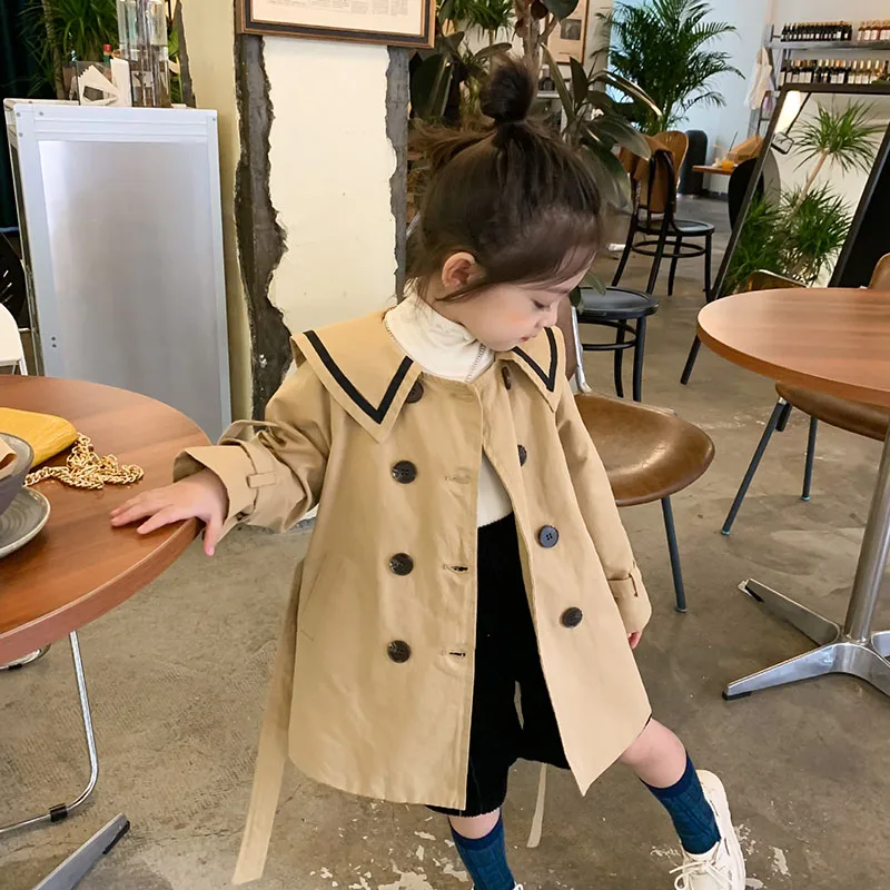 

2021 autumn new children's wear girls' Korean fashion waist closing windbreaker baby middle and long outerwear coat 2-247