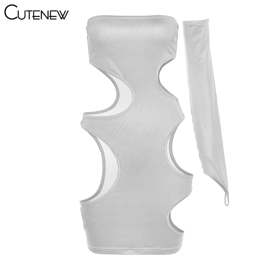 

Cutenew Striped Hollow Out Sexy Party Mini Dress Women With Glove Summer Strapless Sleeveless Outfits Midnight Clubwear Dresses