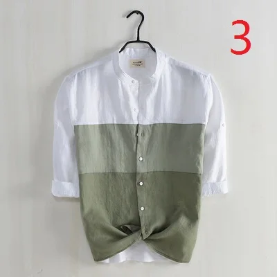 

Color matching small stand collar linen shirt men's fresh literary round neck shirt loose casual cotton cropped sleeves shirt