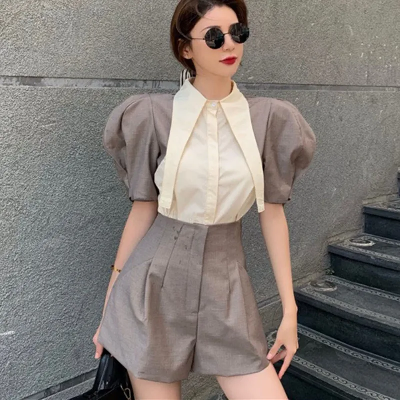 

Elegant Female Summer New Vintage Chic Lapel Puff Sleeve Patchwork Blouse Shirt Crop Top+High Waist Shorts Women 2 Two Piece Set