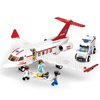 city emergency medical ambulance brick model aerospace airport rescue transport aircraft building block kid educational toy gift