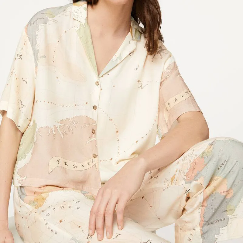 Женская Повседневная Пижама с принтом карты свободная рубашка коротким рукавом