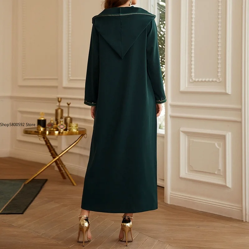 Autumn 2022 New Fashion Women Dress Solid Color Beading Webbing Hooded Long Sleeve Temperament Casual Ladies Robe