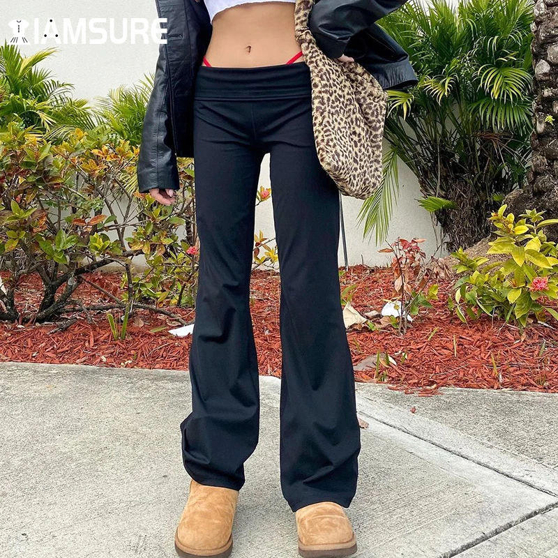 

IAMSURE Sexy Low Waisted Flare Pants Women 2021 Spring Autumn Fashion Casual Streetwear Slim Elastic Waist Boot Cut Trousers Y2K