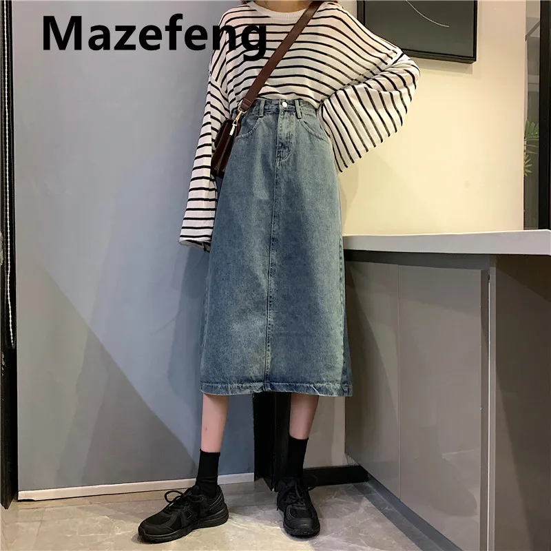 

GOOHOJIO Brand High Elastic Waist Blue Denim Stitch Pleated Irregular Half-body Skirt Women Fashion Tide New Spring Autumn 2021
