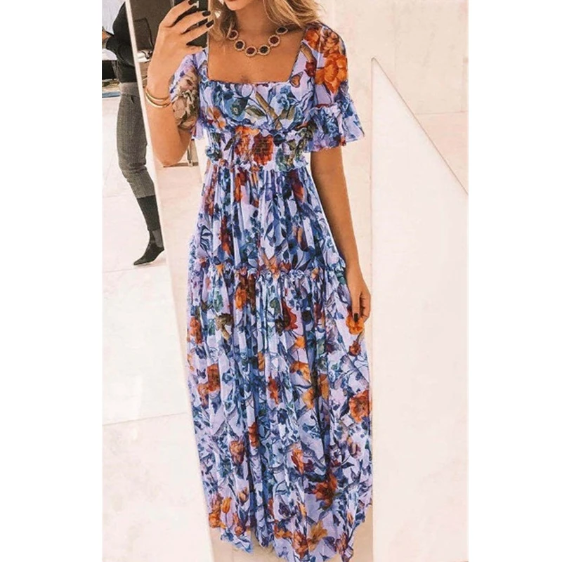 

Boho Dress Women Plus Size Summer Fashion Short Sleeve Empire Empire A-Line Printed Long Dress Lugentolo