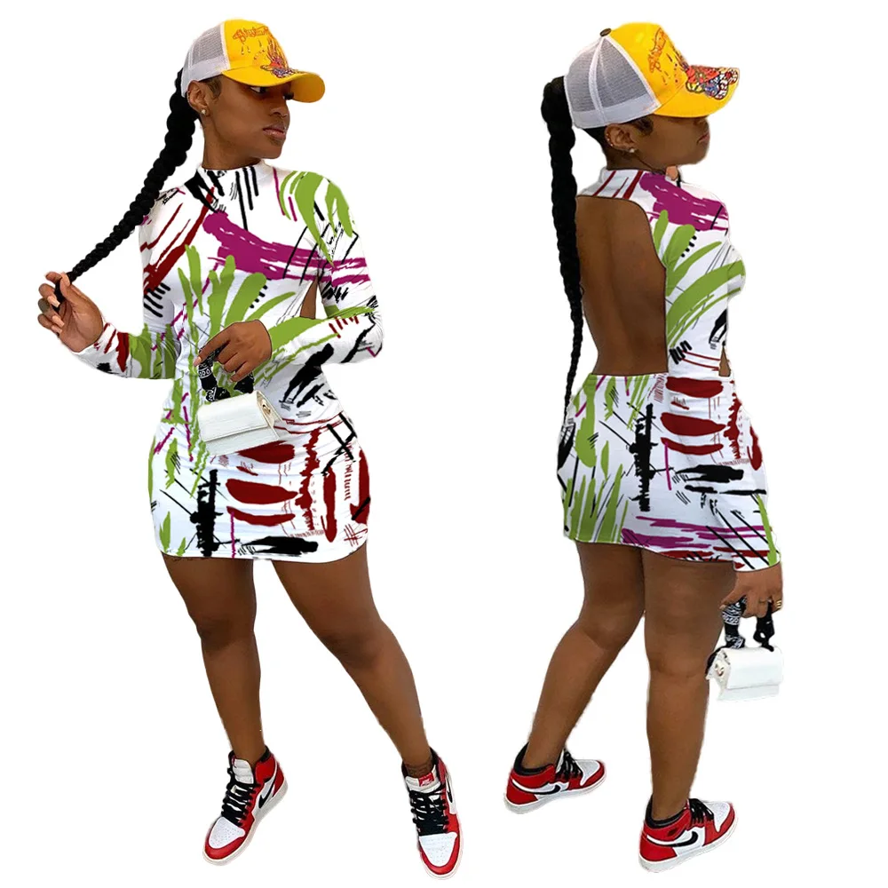 

69Y9057 Spring and autumn fashion versatile hot sale graffiti print open back sexy casual dress dresses for women