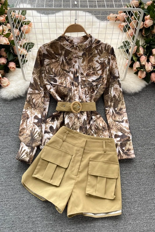 

Women's Vintage Two Pieces Clothing Set O Neck Single Breasted Blouse Shirt + Shorts Summer Autumn Streetwear Office Wear Suits