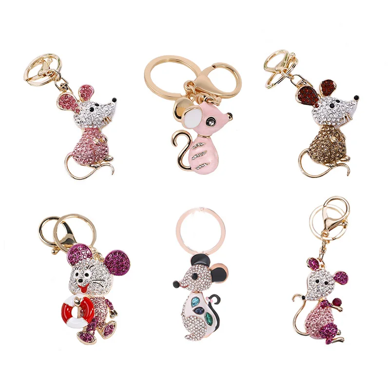 

Cute Mouse Crystal Keychain Rhinestone Pompon Animal Key Chain Key Ring Women keyholder Bag Pendant Key Car Charm Gift Z20