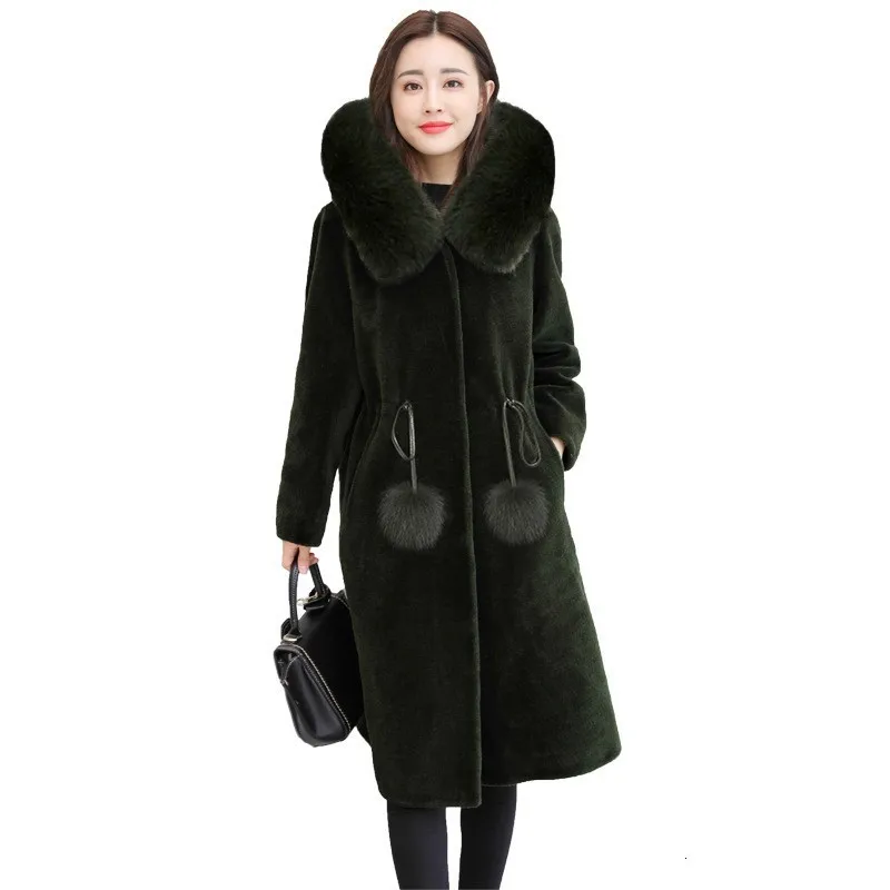 

Elegant Slim Fit Faux Fur Coat Women Fox Fur Collar Long Sleeve Sashes Lady Shaggy Jacket Hooded Plus Size 5XL Long Coats Female