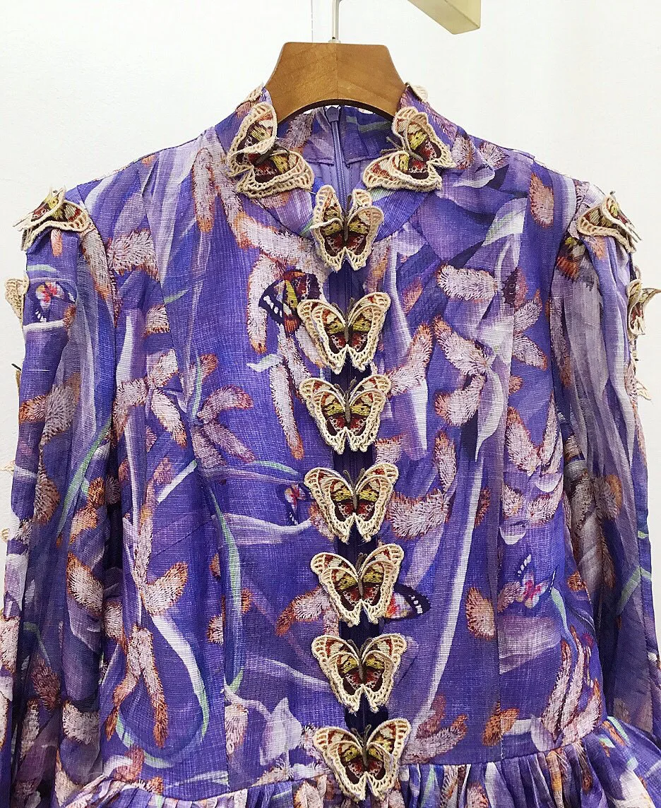 

2021 Summer Palace Style Lantern Sleeve High Waist Linen Print Stitched 3D Butterfly Embroidery Dress