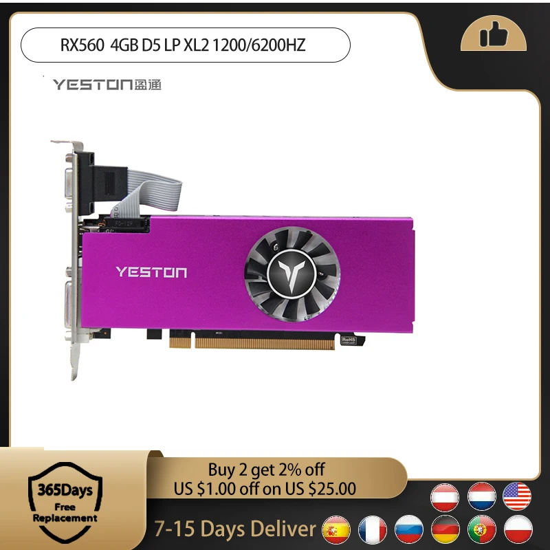 Yeston RX560 4G D5 LP XL2 Графика карты 14nm 1200/6000 МГц 4G/128 бит/GDDR5 VGA + HDMI DVI D видео ПК майнинга