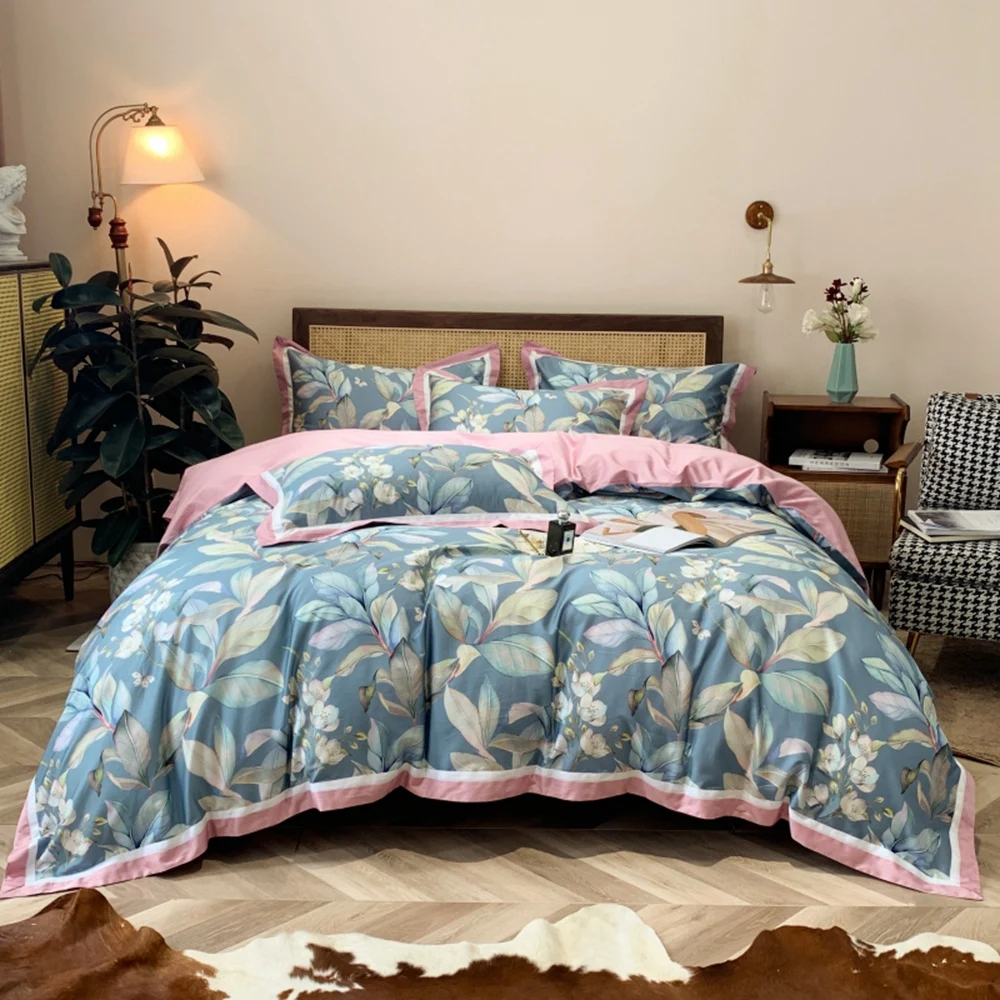 

European Style bedding set Pastoral leaf flower print Satin Egyptian cotton luxury linen Grils soft duvet cover bedspread