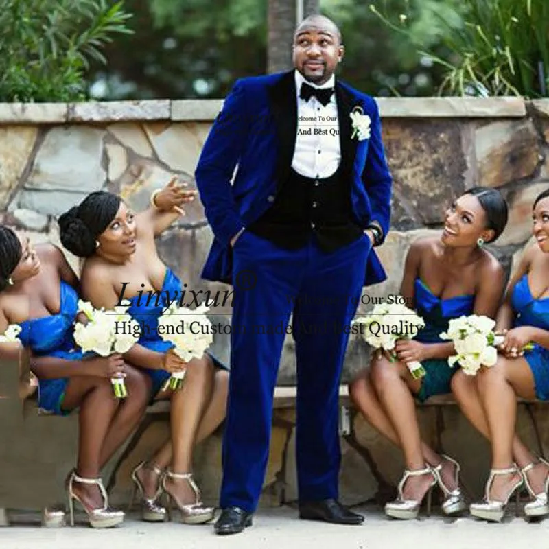 Королевский синий бархат жакет смокинг Свадебные костюмы для мужчин Блейзер