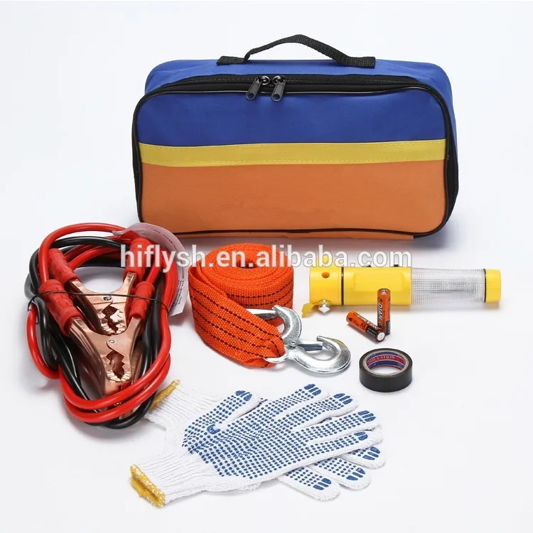 005 Car emergency security kit safety hammer tow rope dot gloves electrical tape battery cable portable reflective