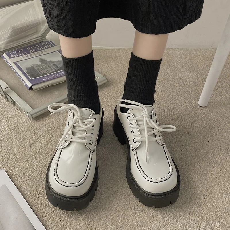 

Shoes Woman Round Toe Zapatos De Mujer Dropshipping Spring Shoes Black White Lace Up Platform Casual Women Chunky PU Leather