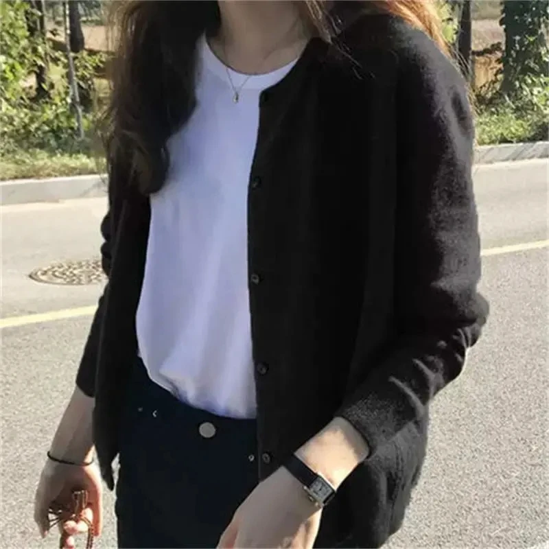

Korean Fashion Wool Black Knitted Sweater Cardigan Women Vintage Single Breasted Long Sleeve Elegant Jumper Solid Autumn Outwear
