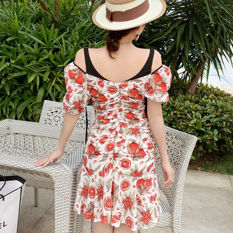 

2021 Summer New Romantic French Off Shoulder Print Mini Dress Women Sexy V-Neck High Waist Spaghetti Strap Holiday Beach Dress
