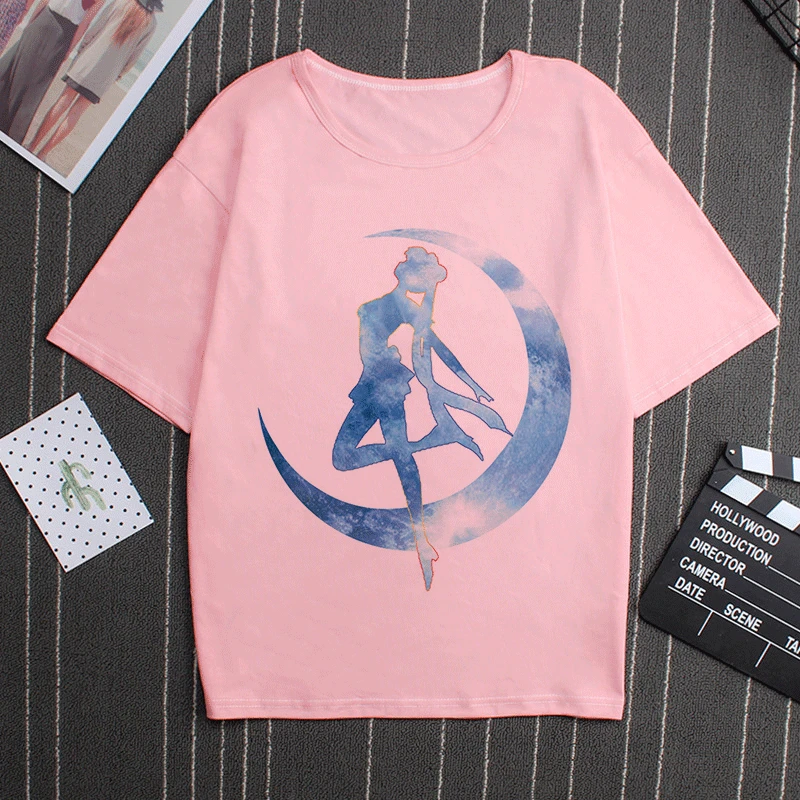 Sailor Moon 90s Funny Pink T Shirt Harajuku Clothes Tshirt Aesthetic Cat Anime Vogue T-shirt Kawaii Graphic Tees Ullzang Women