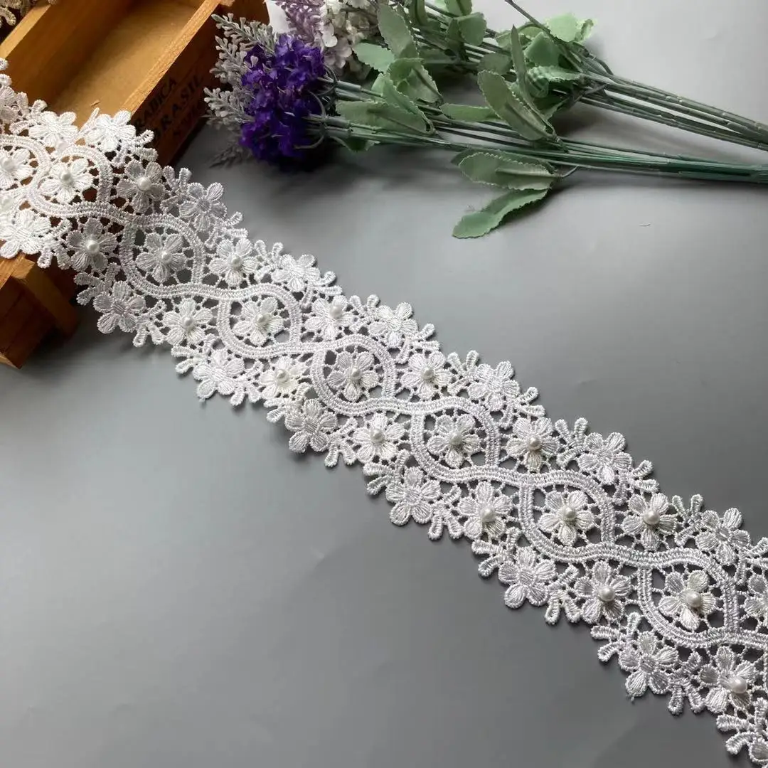 2 ярда белый жемчуг цветок кружевная отделка лента женская ручная работа сделай